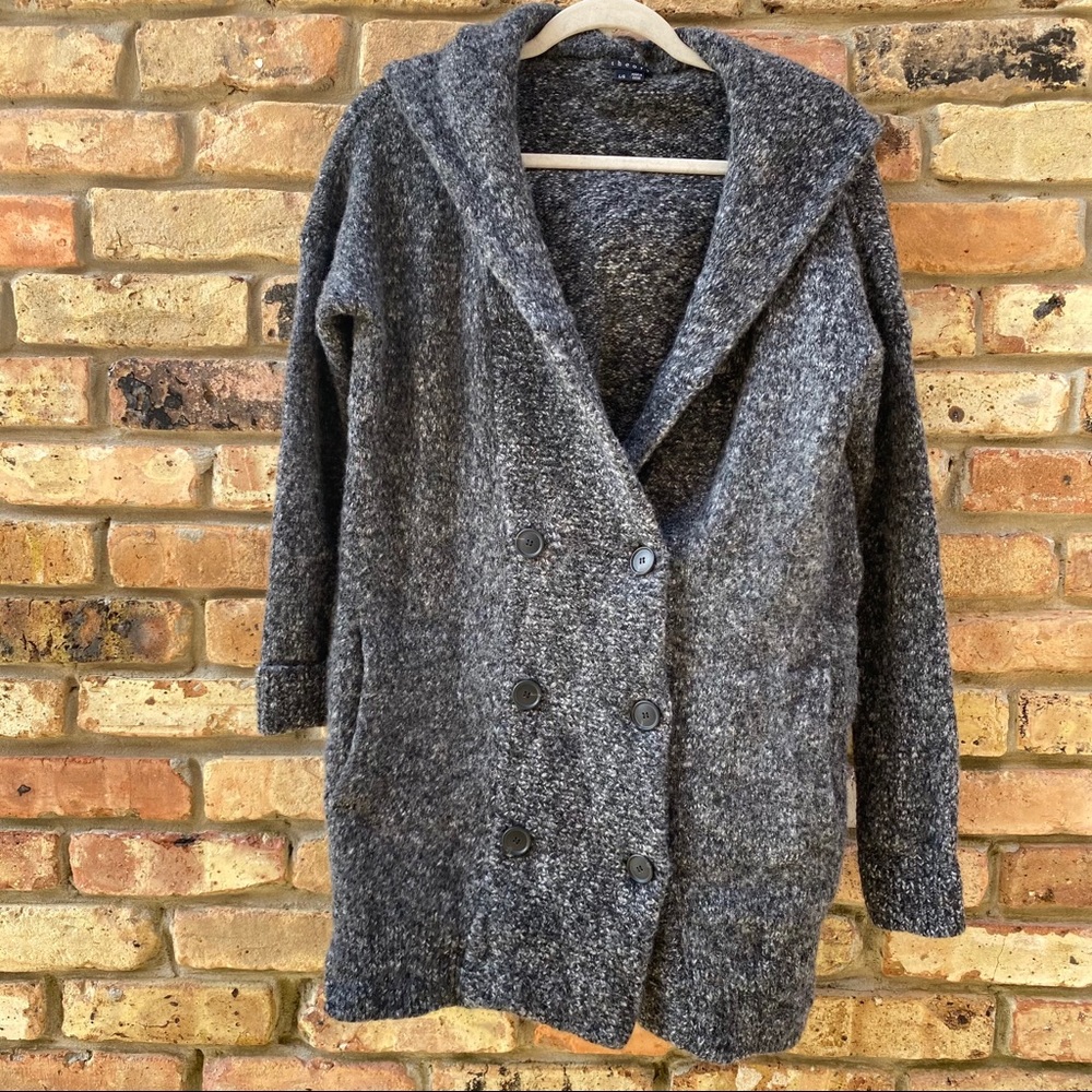 Theory Women’s Size Large Yaura Bedrock Sweater Wool Blend Hooded Button Front